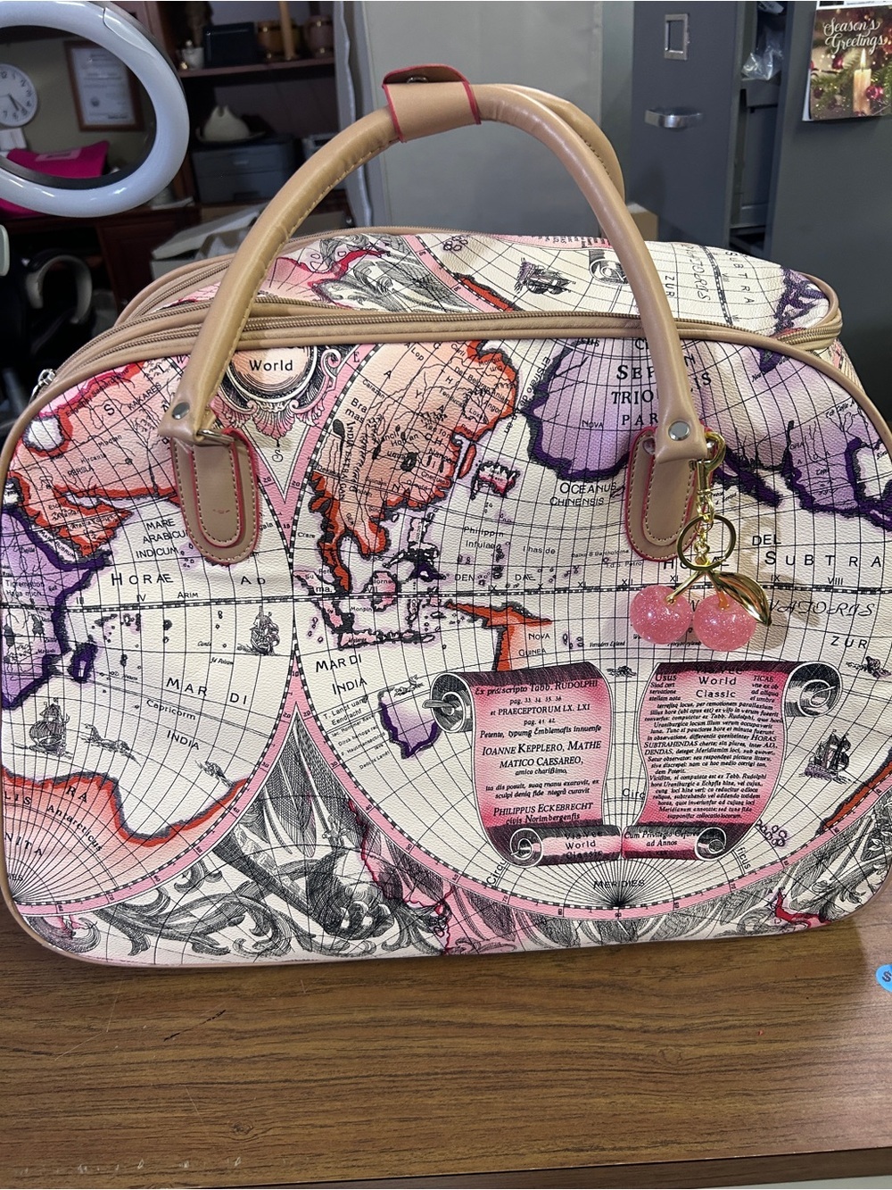 Via Vee World Classic Map Print Rolling Luggage/Duffel Bag with Wheels